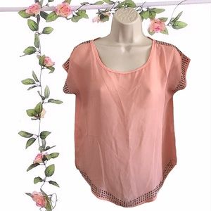 Lush Blush Pink Rhinestone Sheer Cap Sleeve Top Size Small/Medium